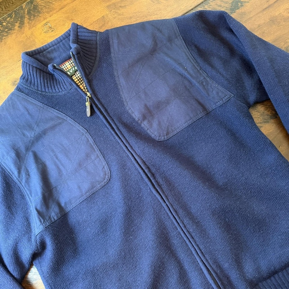 Orvis Sweater Mens Medium Navy Blue Wool Full Zip Mock‎ Neck Quilted Lined